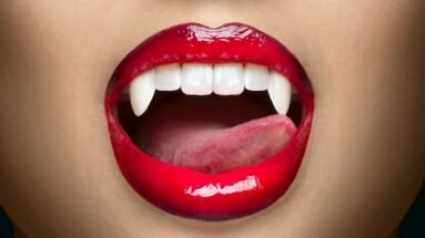 Close-up of a woman's mouth with fangs and red lipstick for a Hot Vampire Halloween Costume.