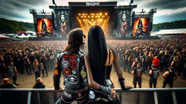 A metalhead couple from behind, watching a concert at Hellfest, the man wearing a patch-laden vest and the woman in a black mesh top and corset.