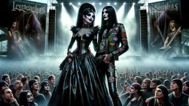 A photorealistic scene at Leyendas del rock 2006 festival, with a crowd cheering for a gothic couple onstage, evoking the spirit of rock and metal.