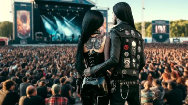 A gothic couple enjoying Leyendas del rock 2011, with the man's jacket adorned with band patches and the woman's back featuring an intricate wing tattoo.