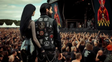Metal and goth meet at Bloodstock, with a couple in the crowd, man's vest boasting patches, woman's black attire shining, stage in the distance.