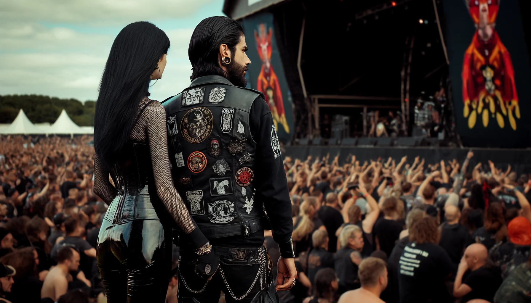 Metal and goth meet at Bloodstock, with a couple in the crowd, man's vest boasting patches, woman's black attire shining, stage in the distance.