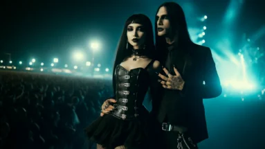 Wide shot of a goth couple at Resurrection Fest 2006, the woman in a black dress with buckles, the man in a dark suit with tattoos.