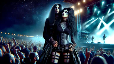 Resurrection Fest 2021 highlighted by a photorealistic image of a gothic couple, dressed in intricate festival attire, with the vibrant energy of rock and metal music under a starlit night.