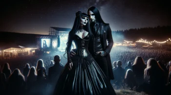 Iconic Arvika Festivalen 1992 night scene with gothic couple, woman in a flowing black gown and man in a dark suit.