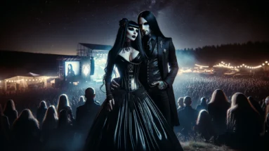 Iconic Arvika Festivalen 1992 night scene with gothic couple, woman in a flowing black gown and man in a dark suit.