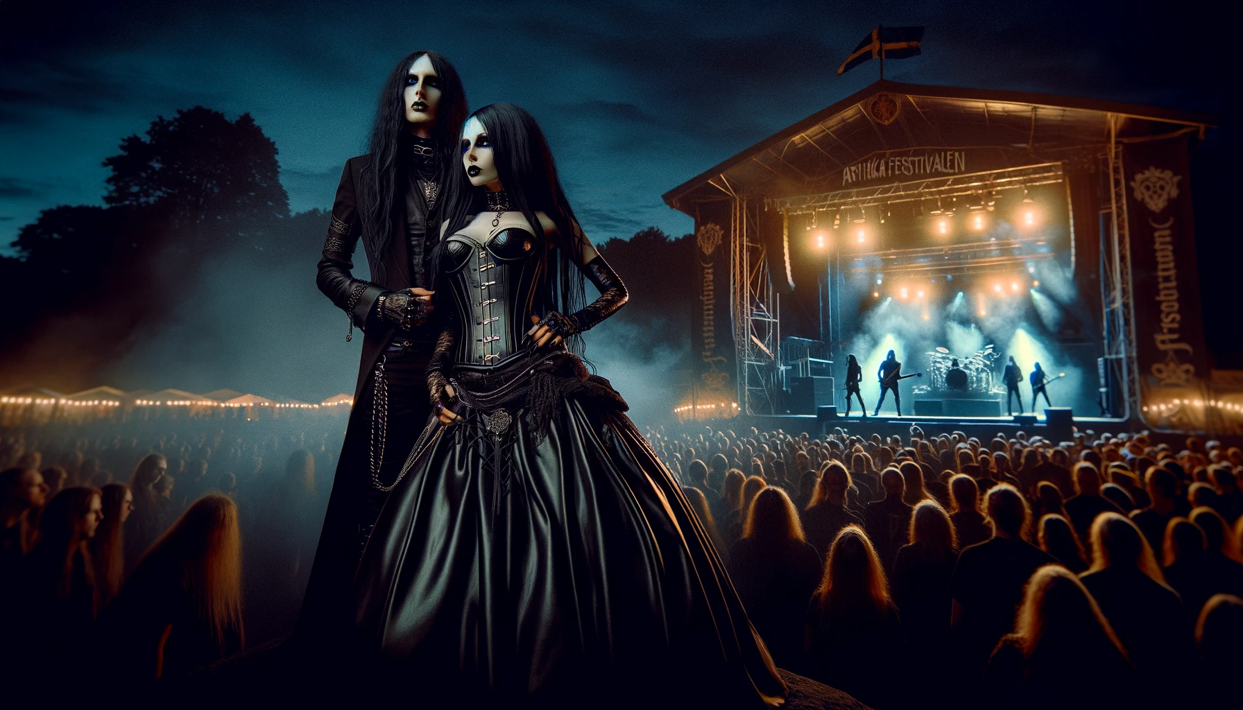 Mystical night at Arvika Festivalen 1997 with gothic couple, woman in elaborate black dress, man in decorated black coat.