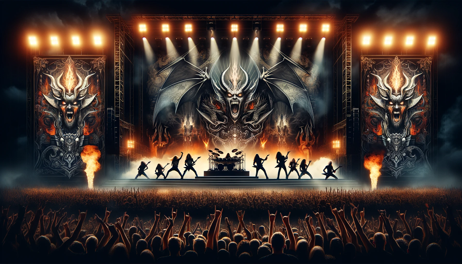 Dynamic heavy metal concert scene depicting a live performance with a fiery stage setup, enthusiastic crowd, and dramatic lighting, capturing the high energy of metal music.