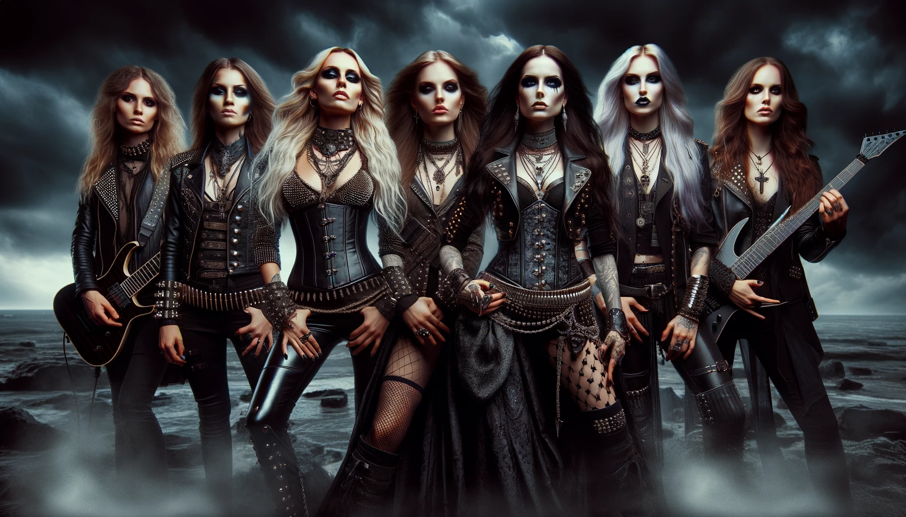 All female heavy metal band standing by a stormy ocean, dressed in gothic-inspired metal attire, portraying strength and unity under a dark, brooding sky.