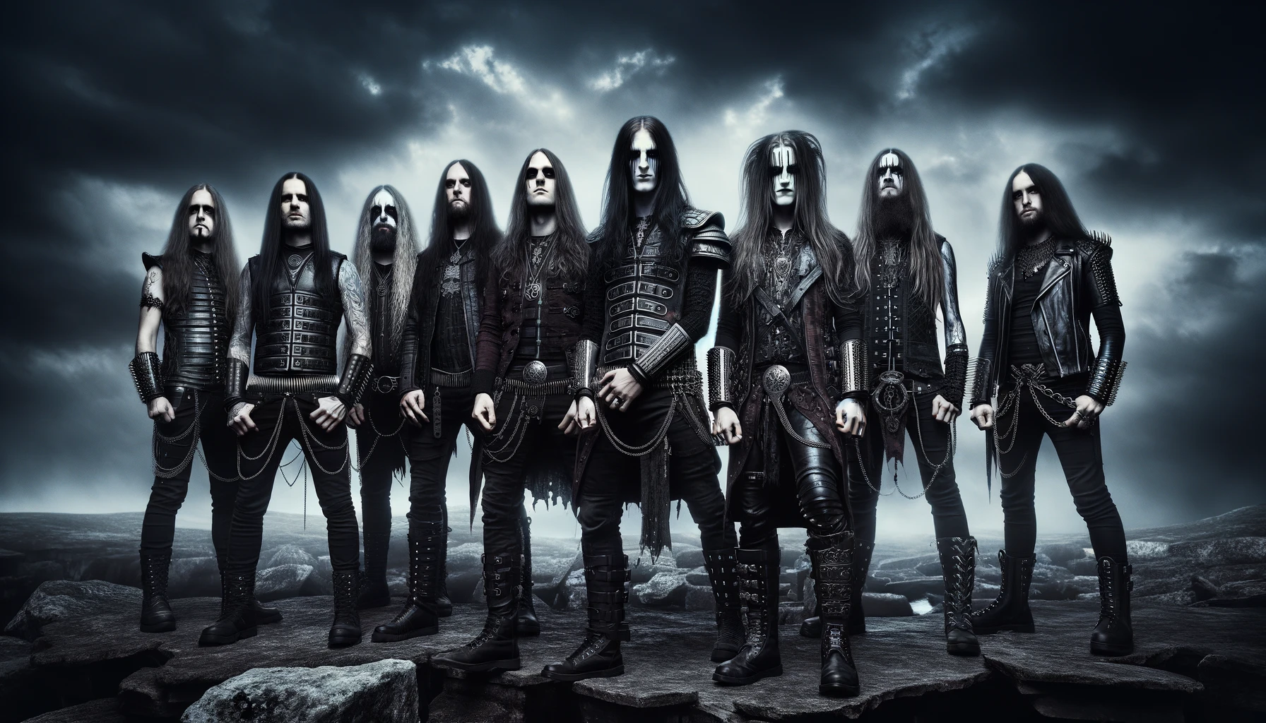 Mixed gender heavy metal band posed on rugged terrain under a stormy sky, dressed in leather and metal, reflecting the fierce spirit of warrior-like musicians