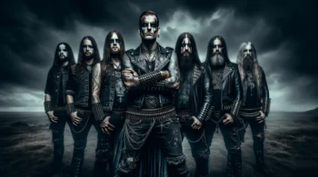 Mixed-gender heavy metal band standing in a rugged landscape, exuding a warrior-like presence, dressed in dark leather outfits and dramatic makeup, under a stormy sky, for the article 'Bands That Tour Like Warriors'.