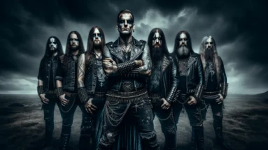 Mixed-gender heavy metal band standing in a rugged landscape, exuding a warrior-like presence, dressed in dark leather outfits and dramatic makeup, under a stormy sky, for the article 'Bands That Tour Like Warriors'.