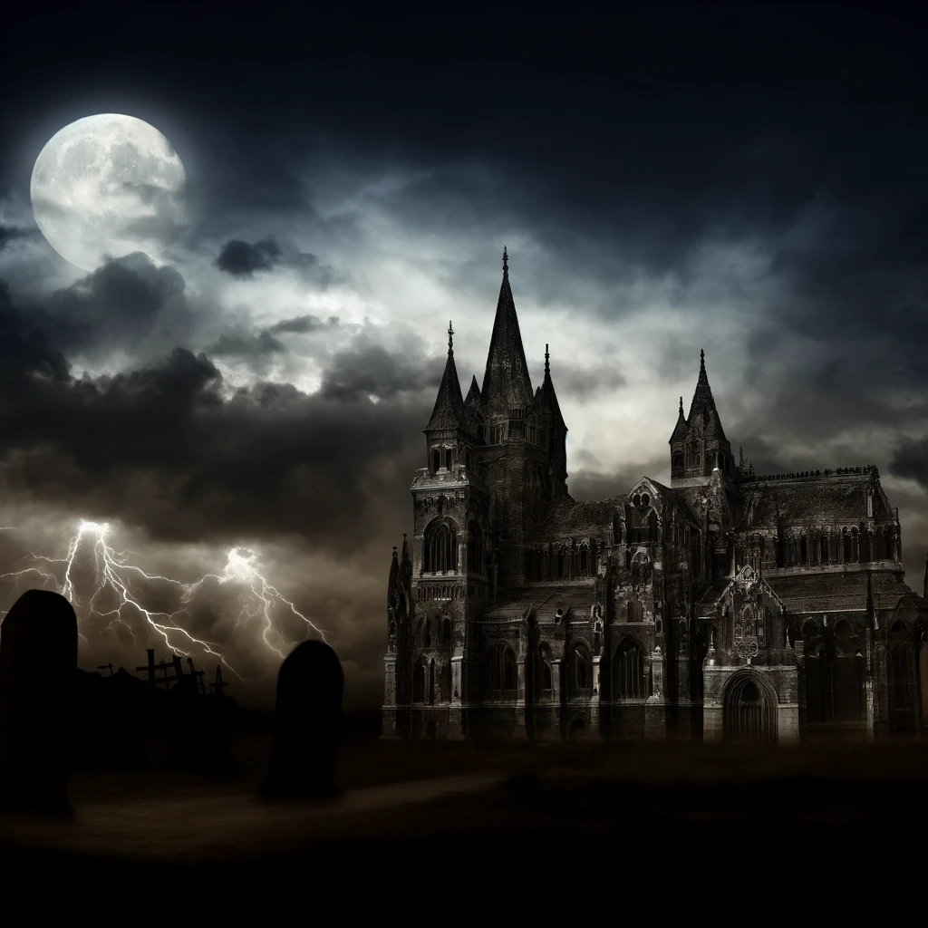 Gothic and stormy landscape featuring a medieval cathedral under a full moon, inspired by Powerwolf - Sainted by the Storm.