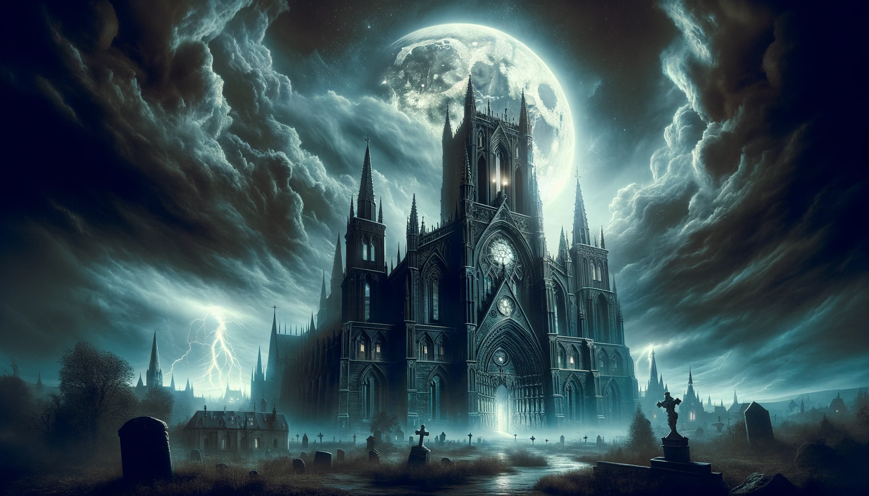Dramatic and wide 16:9 image of a gothic cathedral under a full moon with thunderstorms, inspired by Powerwolf - Sainted by the Storm.