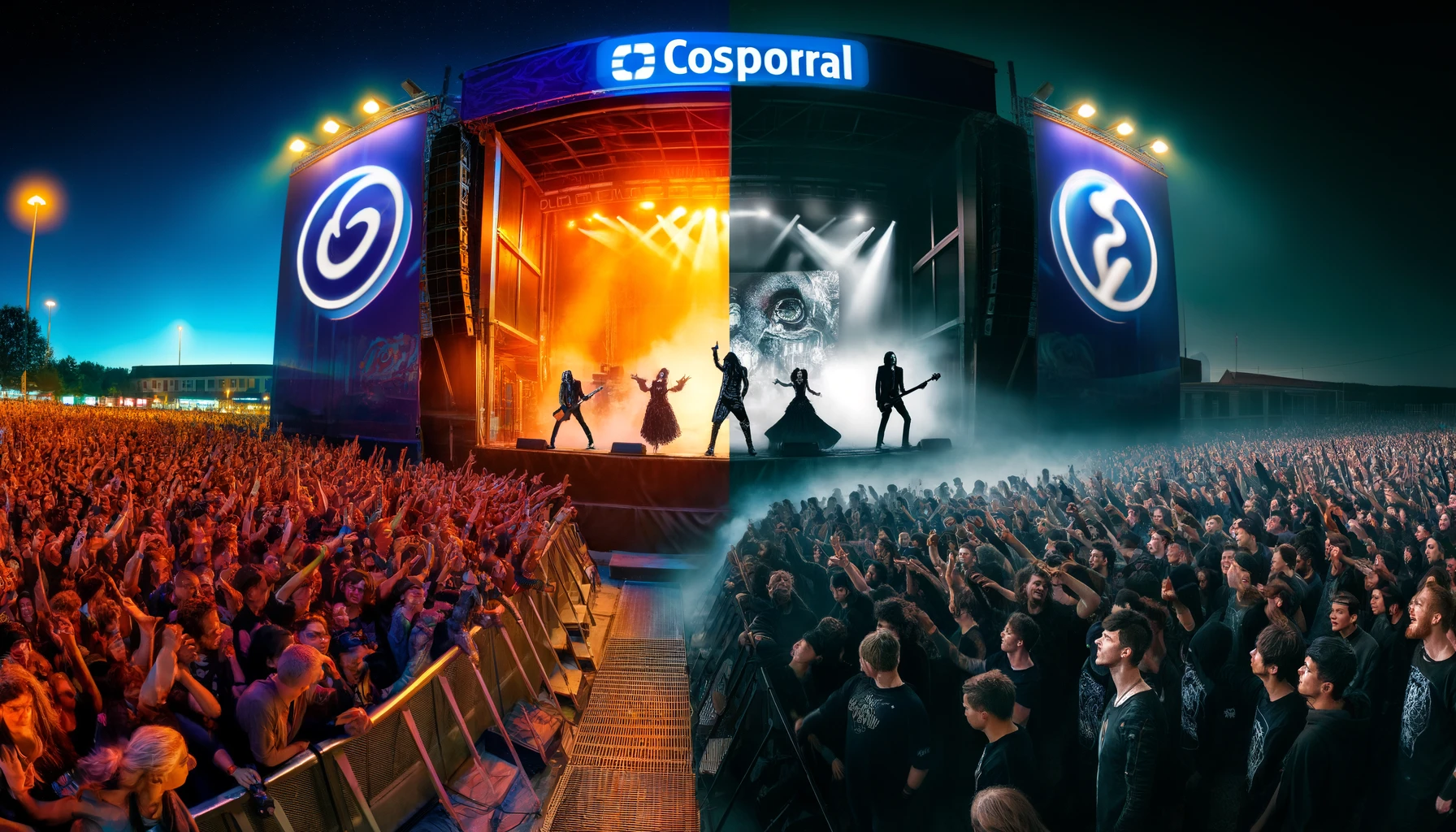 Dynamic festival scene with corporate ads and engaged underground fans, visualizing the Music Festivals Have Sold Out concept.