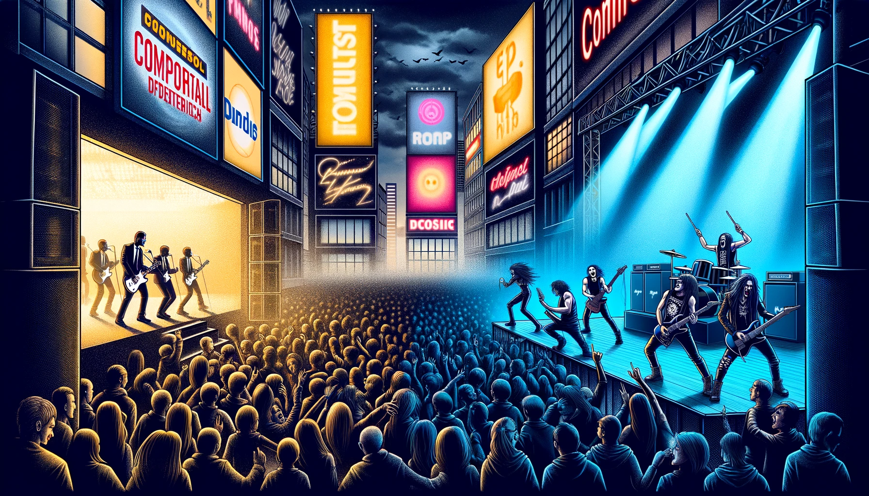Commercial and authentic festival sides shown in contrast, depicting how Music Festivals Have Sold Out to corporate interests.