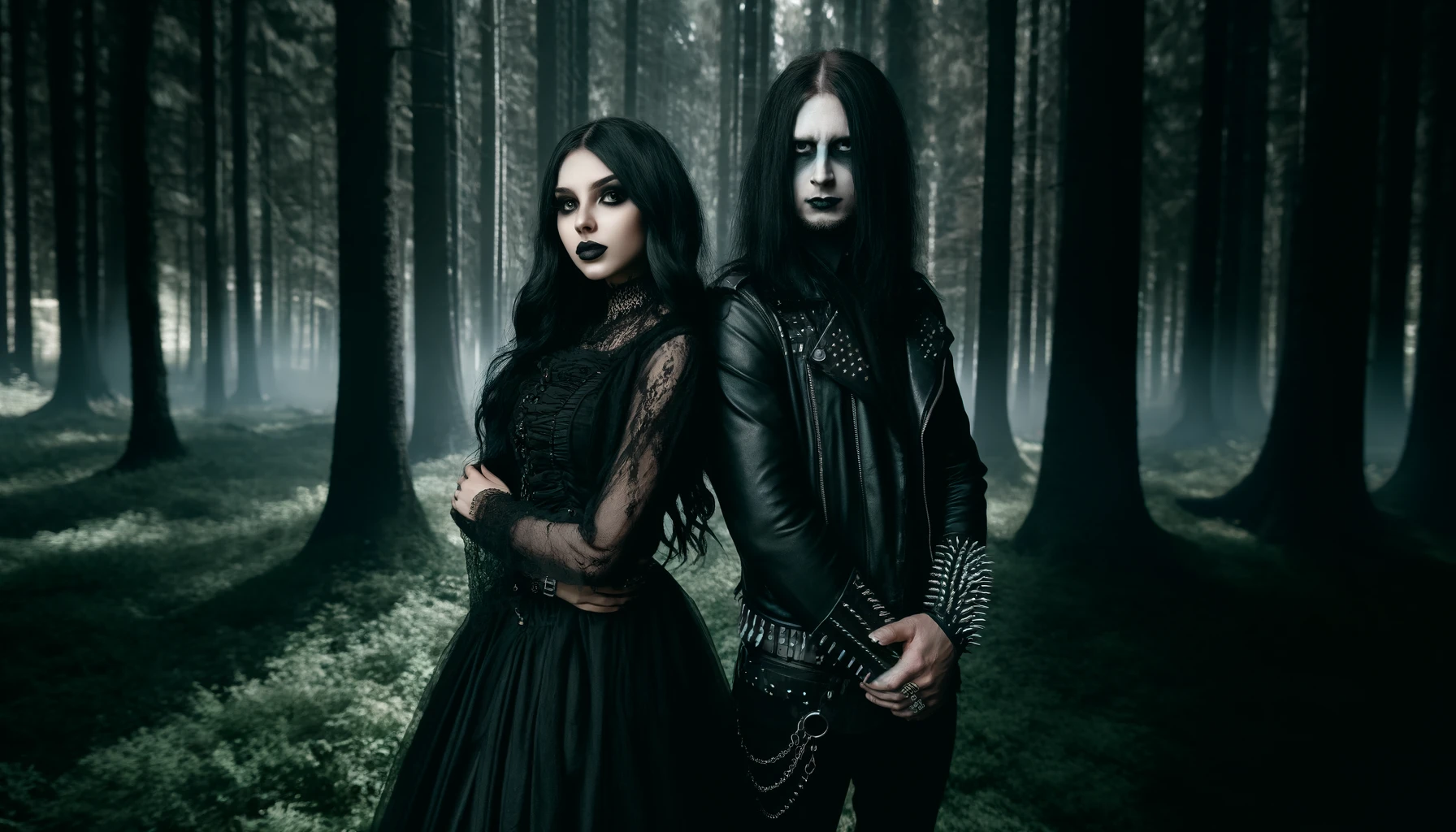 Gothic girl and black metalhead man in a dark forest, visualizing environmentalism in the heart of metal music.