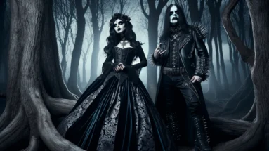 Ethereal gothic couple amidst ancient trees, symbolizing environmentalism in the heart of metal music.
