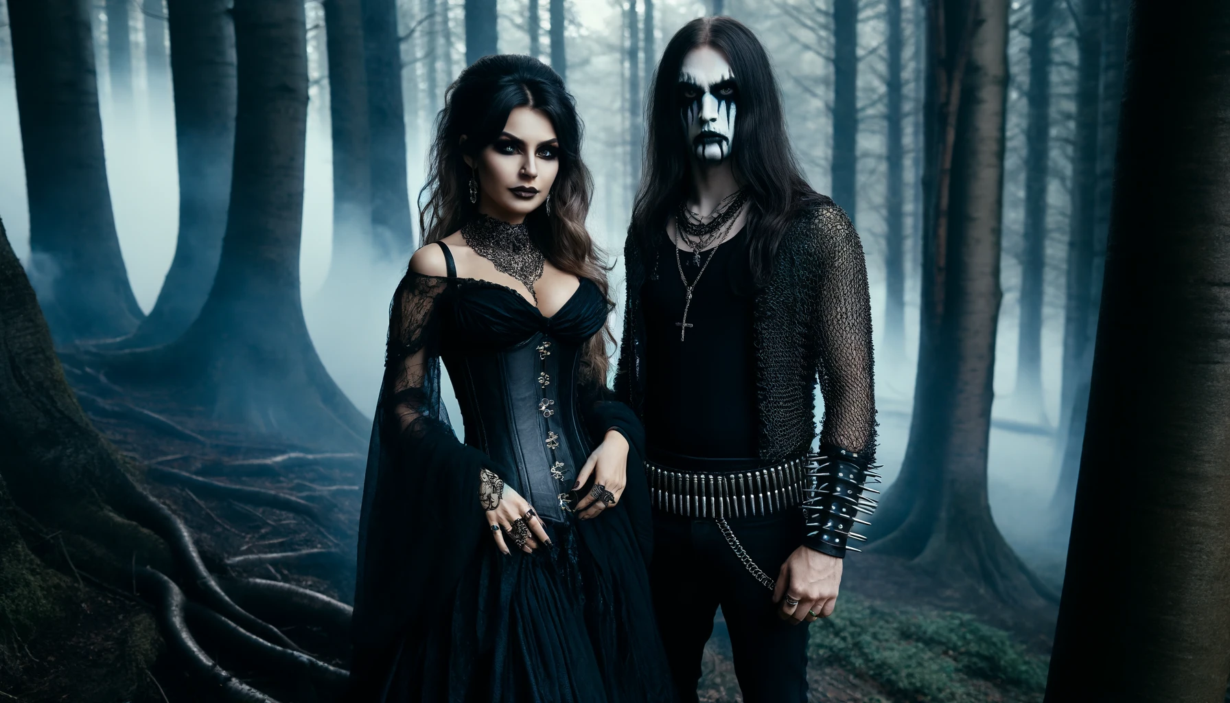 Gothic couple stands in a hauntingly beautiful forest, emphasizing environmentalism in the heart of metal music.