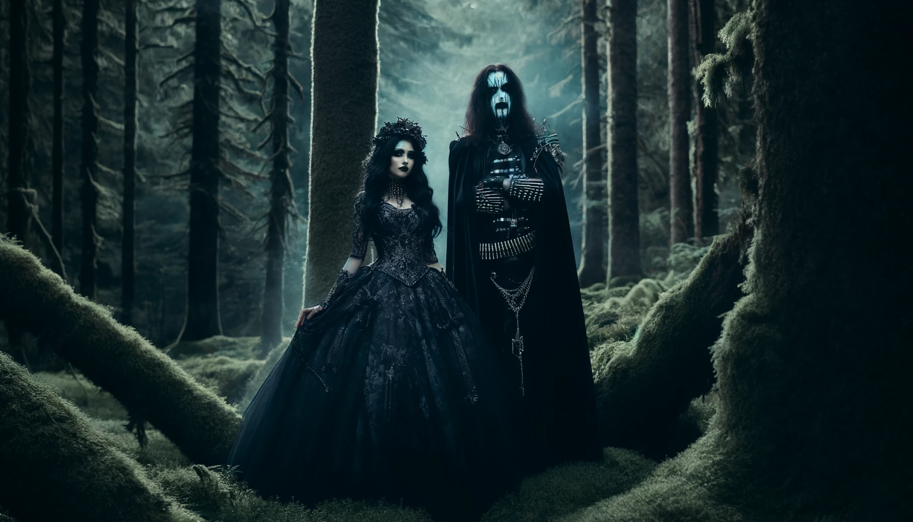Mystical moonlit forest scene with a gothic couple, reflecting environmentalism in the heart of metal music.