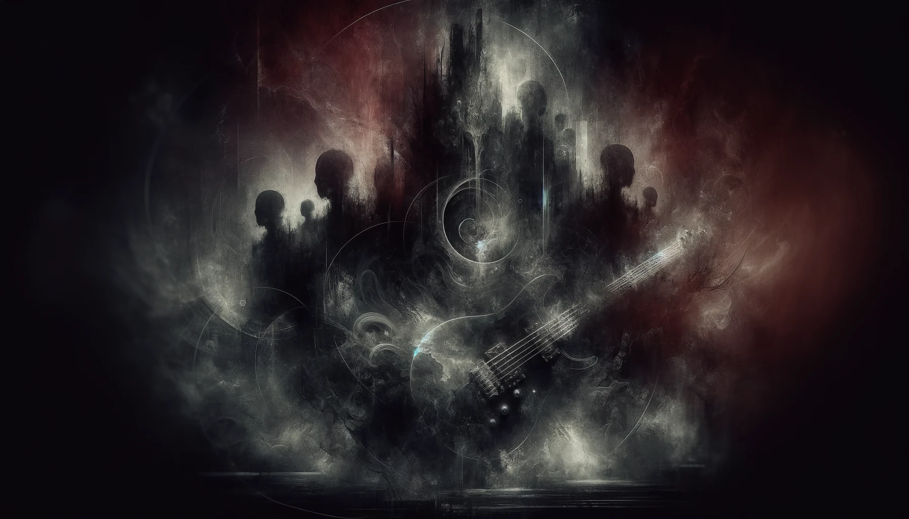 Abstract and mystical digital artwork with distorted guitars and shadowy silhouettes, encapsulating the essence of Underground Metal Albums.