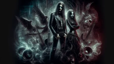 Eerie digital artwork of a black metalhead man and woman amidst a dark, atmospheric background, representing the theme of Underground Metal Albums.