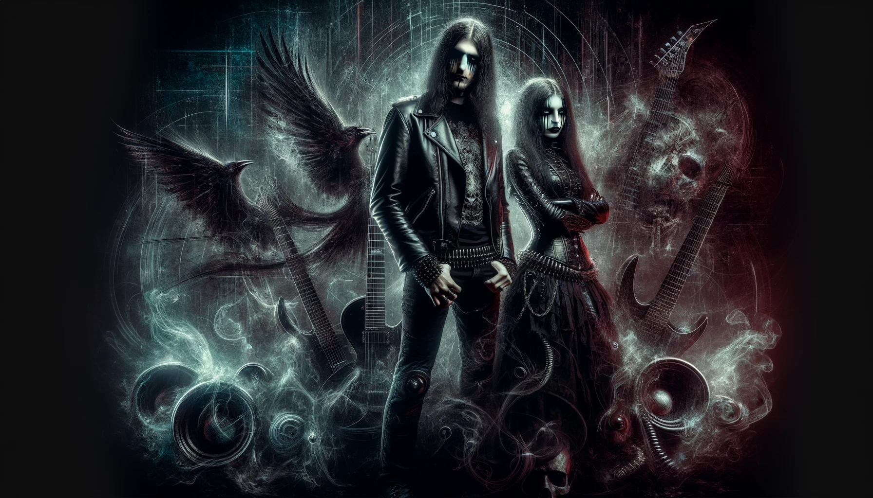 Eerie digital artwork of a black metalhead man and woman amidst a dark, atmospheric background, representing the theme of Underground Metal Albums.