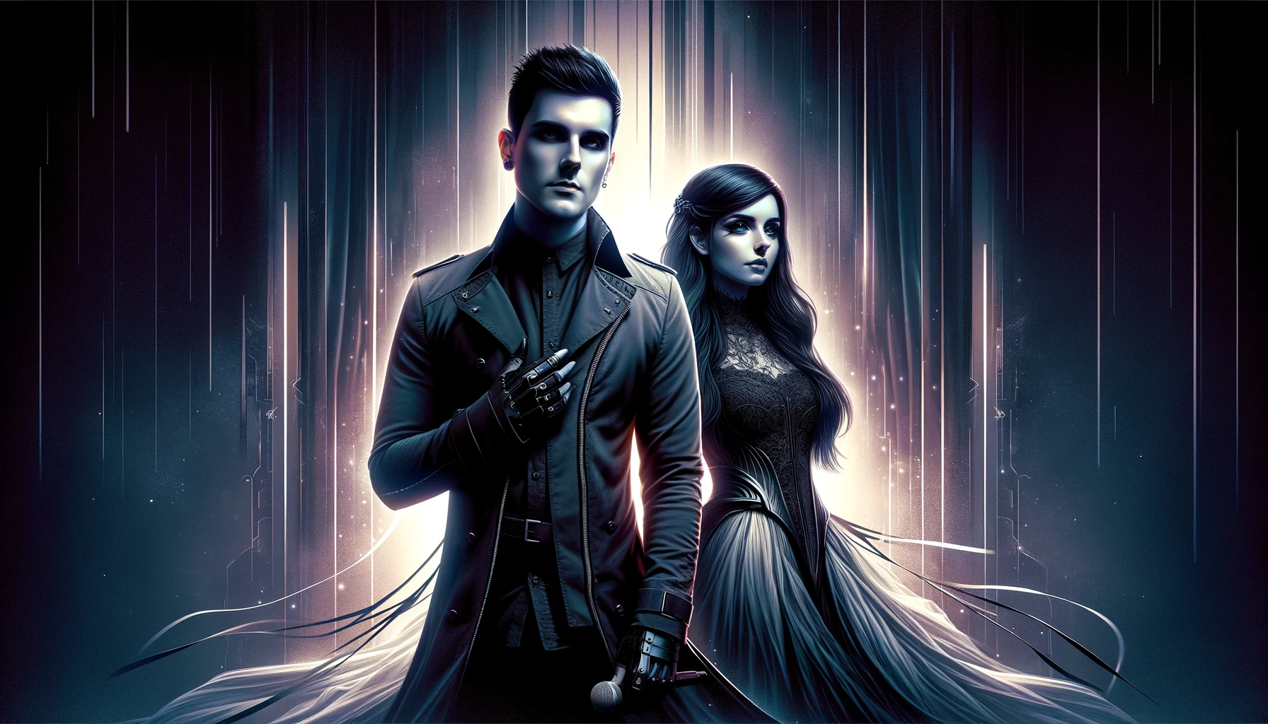 Ashbury Heights - Smaller promotional art with a man and woman vocalists in a neon-lit setting, illustrating the band's dark, synthpop aesthetic.