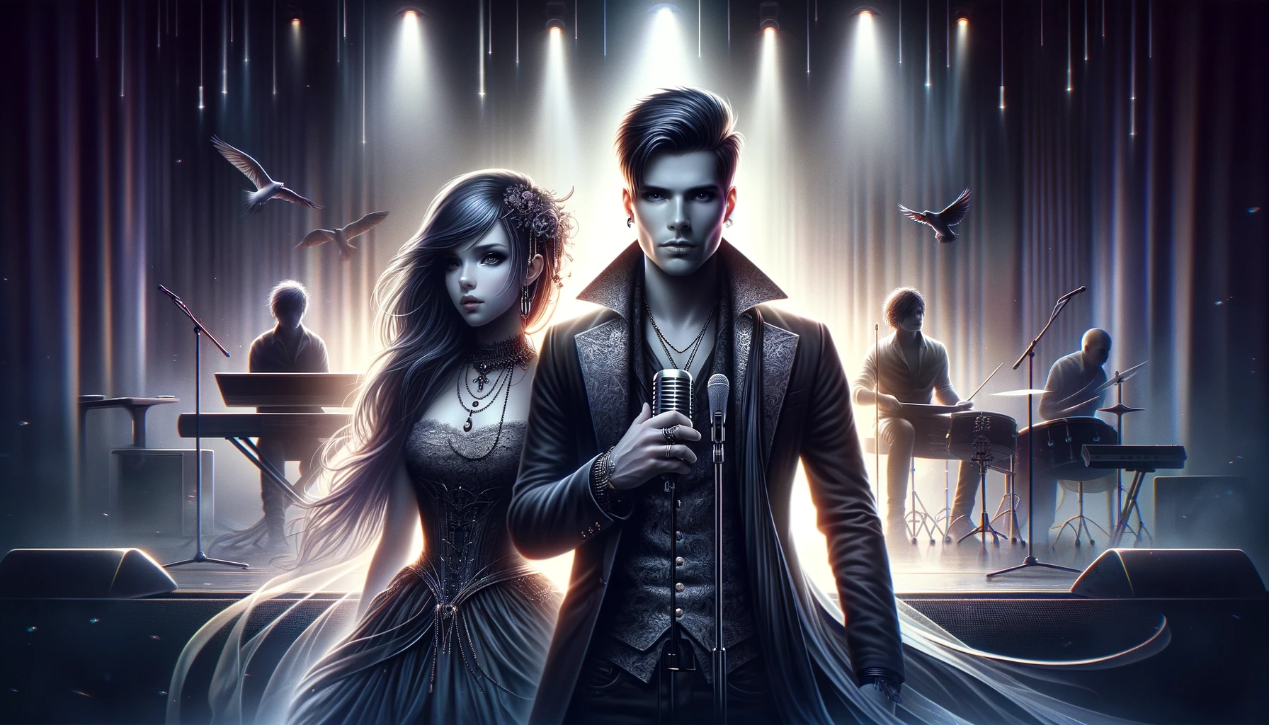 Digital illustration for Ashbury Heights - Smaller, showing a man and woman in front of a gothic stage setup with soft lighting and flowing costumes.