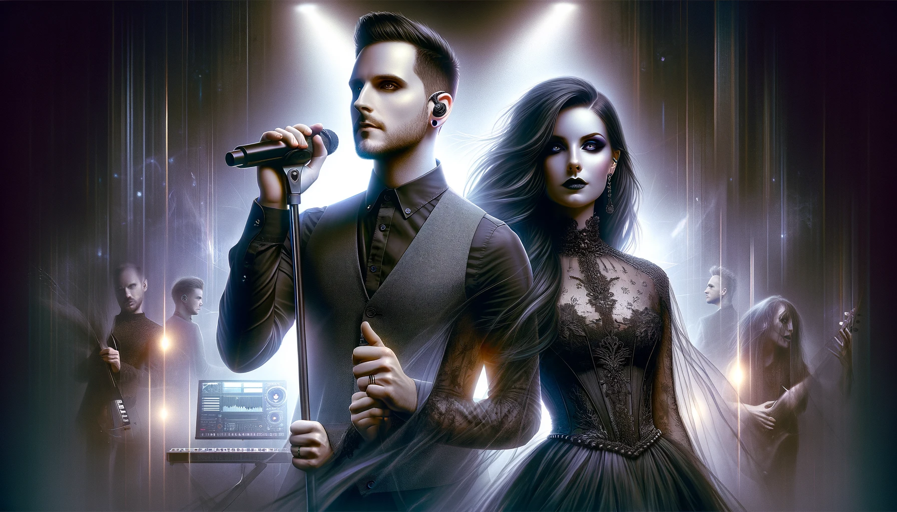 Promotional image for Ashbury Heights - Smaller, depicting the vocalists in dramatic gothic fashion, with a vivid backdrop of a concert stage.