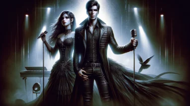 Digital artwork of Ashbury Heights for the song 'Smaller' featuring a man and woman as front vocalists, dramatically staged with ambient lighting and ethereal gothic attire.