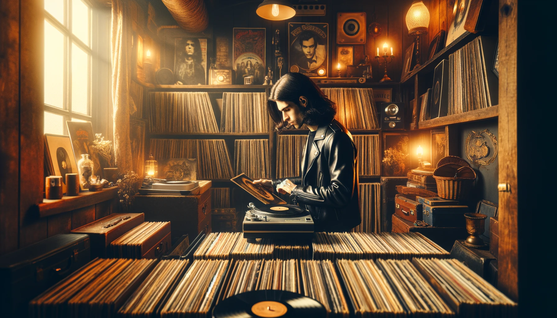 Young man in a vintage room filled with vinyl records, illustrating Vinyl Rules.