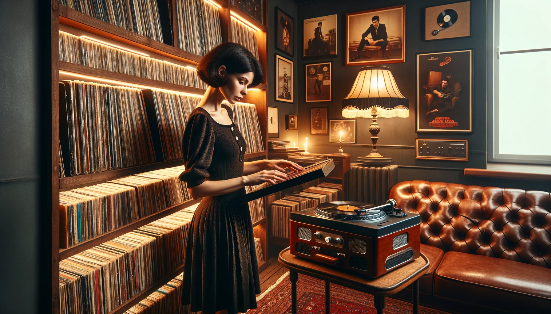 Young woman in a vintage room with extensive vinyl collection, representing Vinyl Rules.