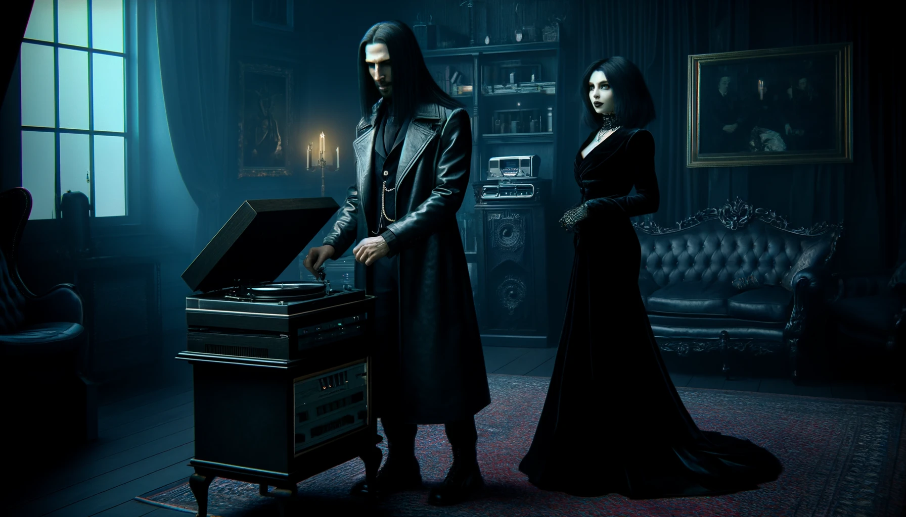 Dramatic gothic couple in a living room with vinyl, visualizing Vinyl Rules.