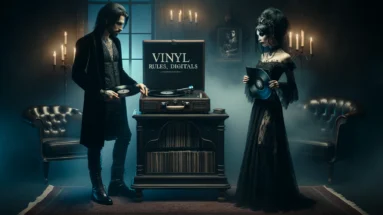 A gothic scene at a DJ booth with vinyl records, capturing the essence of Vinyl Rules.
