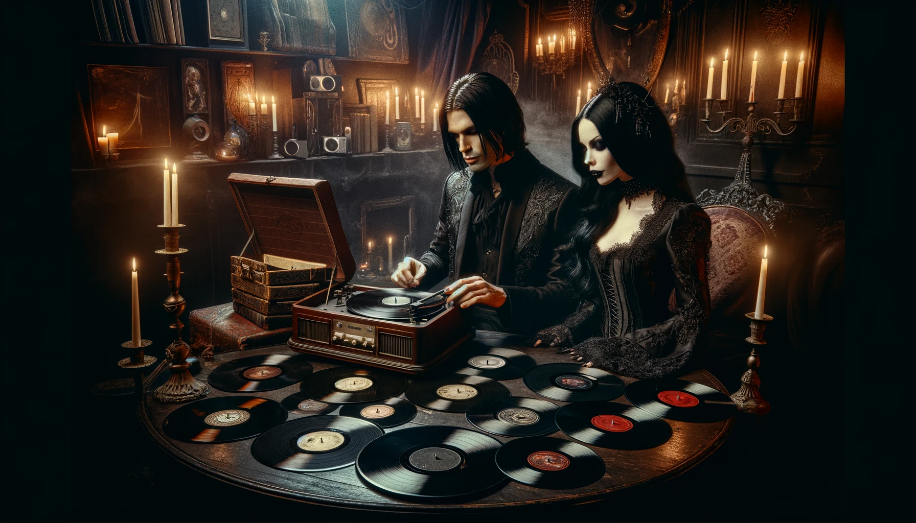A gothic ambiance with a couple and a record player, celebrating Vinyl Rules.