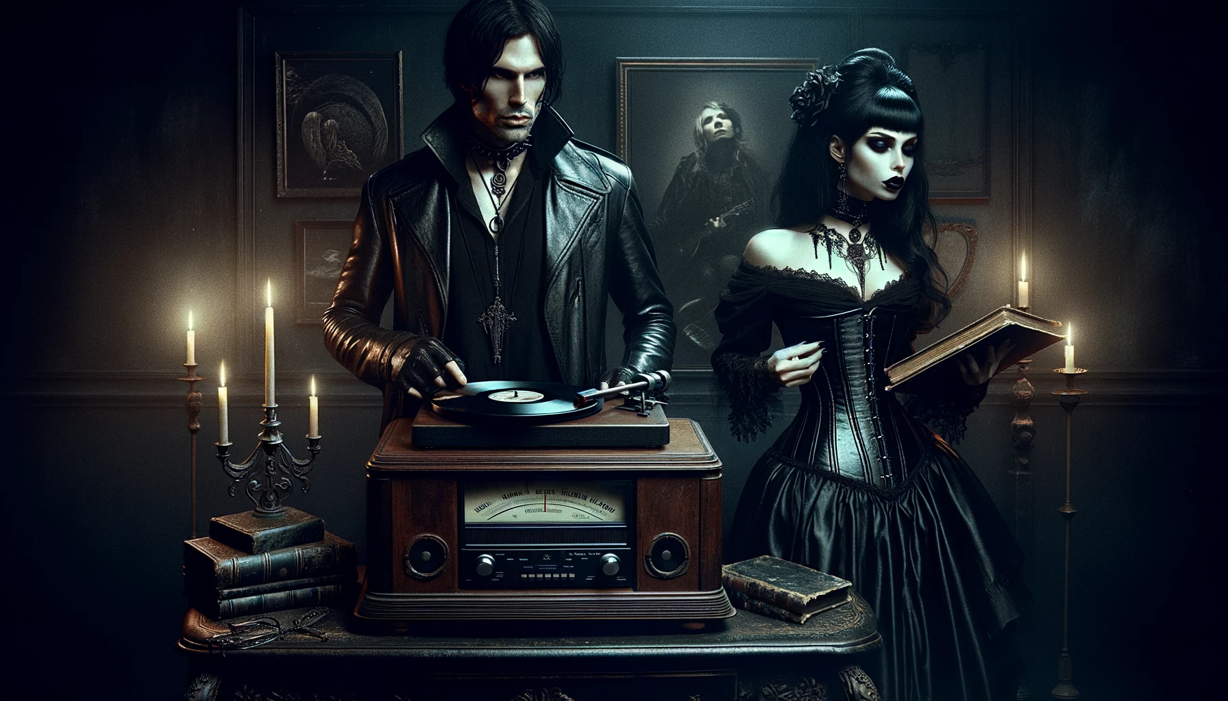 Dark and atmospheric gothic setting with a couple and vinyl records, symbolizing Vinyl Rules.