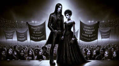 Dramatic depiction of a gothic couple at a concert advocating for social justice, with banners addressing human rights, set against a dark, moody goth concert atmosphere.