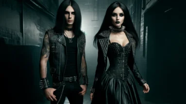 Two figures in black leather and spikes, a metalhead man and gothic woman, standing confidently in a dimly lit alley, both with long black hair and intense expressions.