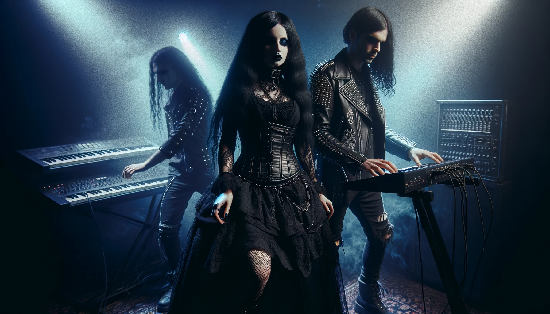 Gothic band performing on stage, woman in a voluminous black dress and man in spiky leather, surrounded by smoke and electronic music equipment. Ashbury Heights - SmALLer.