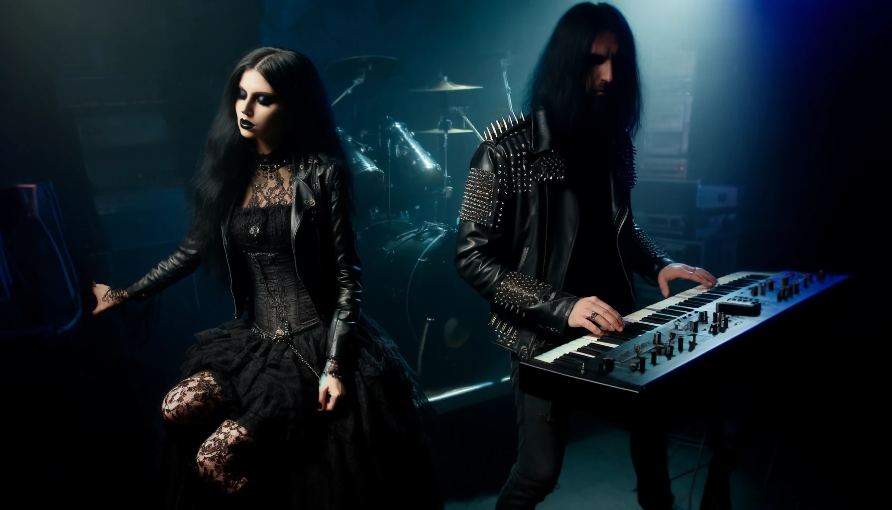 A gothic band performance with a woman in a lacy black gown and a man in leather, playing keyboards amid a haze of blue stage lighting. Ashbury Heights - SmALLer.