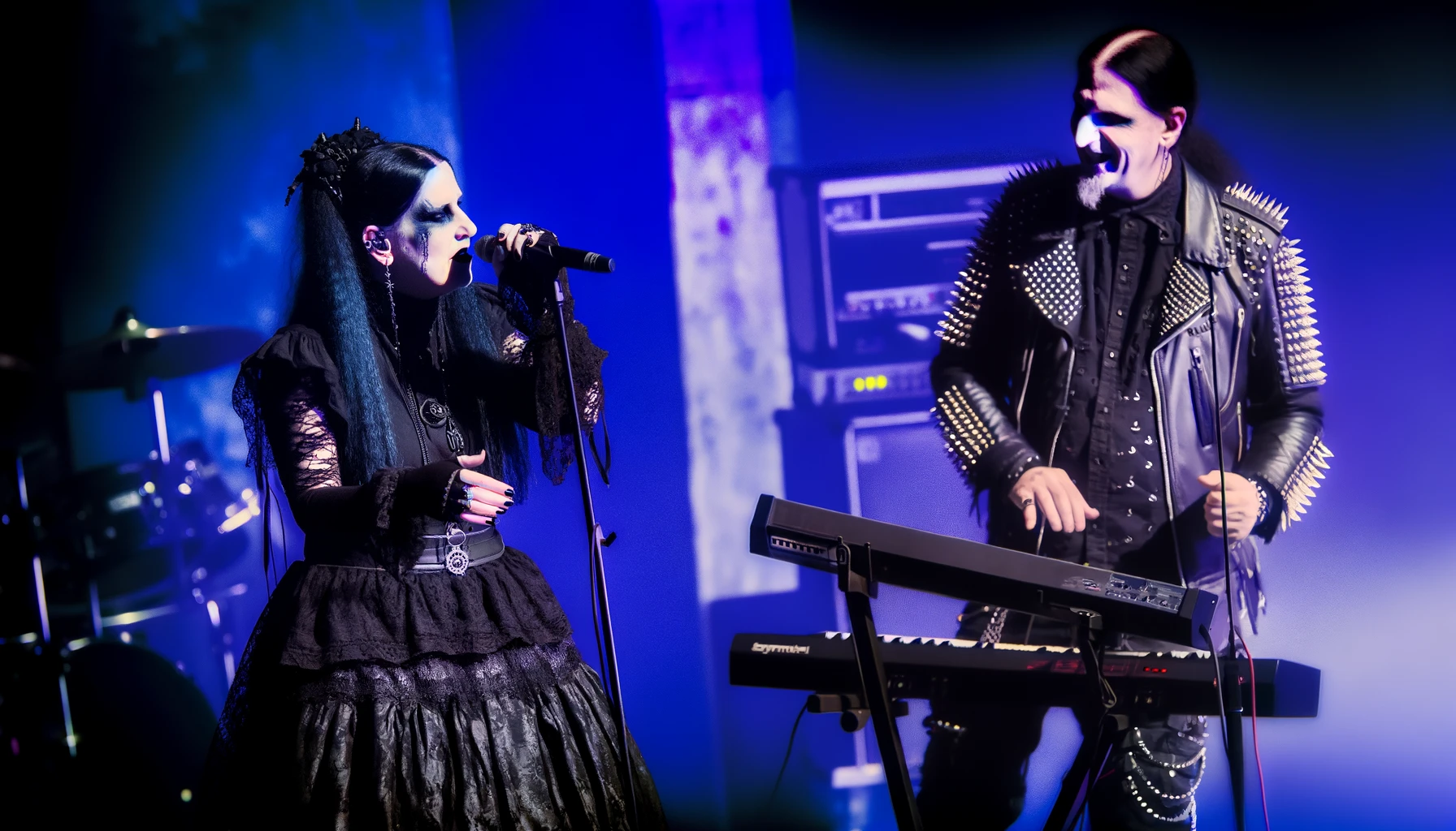 Gothic vocal performance, with a woman in black lace and a man in studded leather, singing into microphones under vibrant stage lighting. Ashbury Heights - SmALLer.