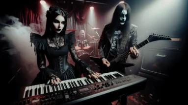 The darker the better: gothic woman in a black Victorian-style dress playing keyboard and a black metalhead man with corpse paint playing guitar on a dimly lit stage.