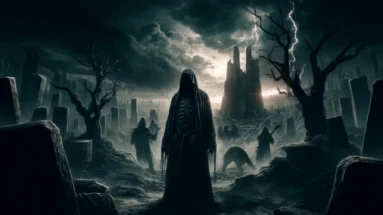 A dark and intense scene depicting the essence of nihilism and pessimism in metal music, featuring a grim, hooded figure standing amidst a desolate, barren landscape with decaying trees and crumbling ruins, under an overcast sky with storm clouds and lightning strikes.