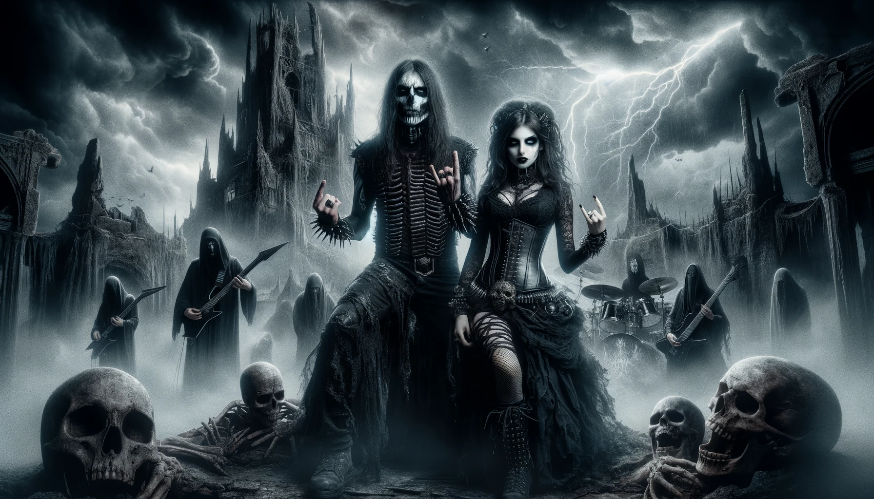 A dark and intense scene capturing the essence of nihilism and pessimism in metal music, featuring a gothic woman in a leather corset and a black metalhead man with long hair and corpse paint, standing amidst a desolate landscape with skeletal trees and crumbling ruins, with a metal band performing intensely under a stormy sky with lightnin