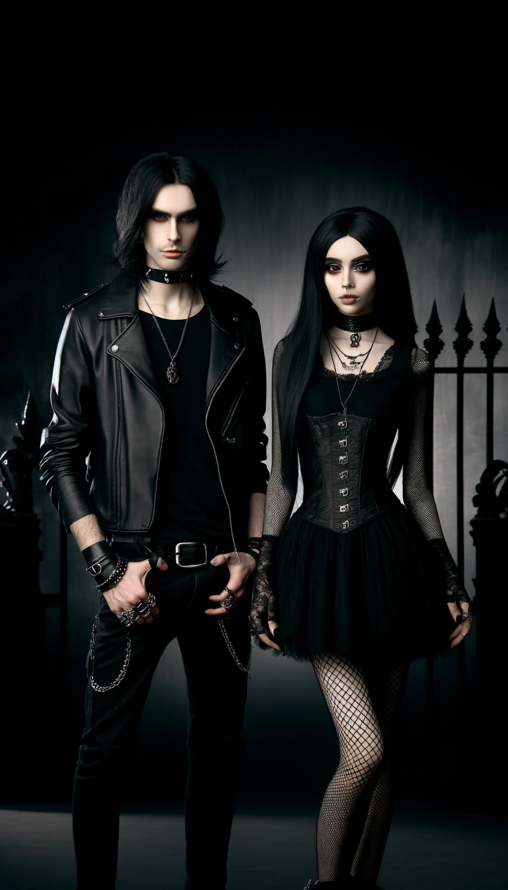 Gothic man and woman standing together, both with long black hair, dressed in black leather and lace. Goth and Metal Are Not Phase.