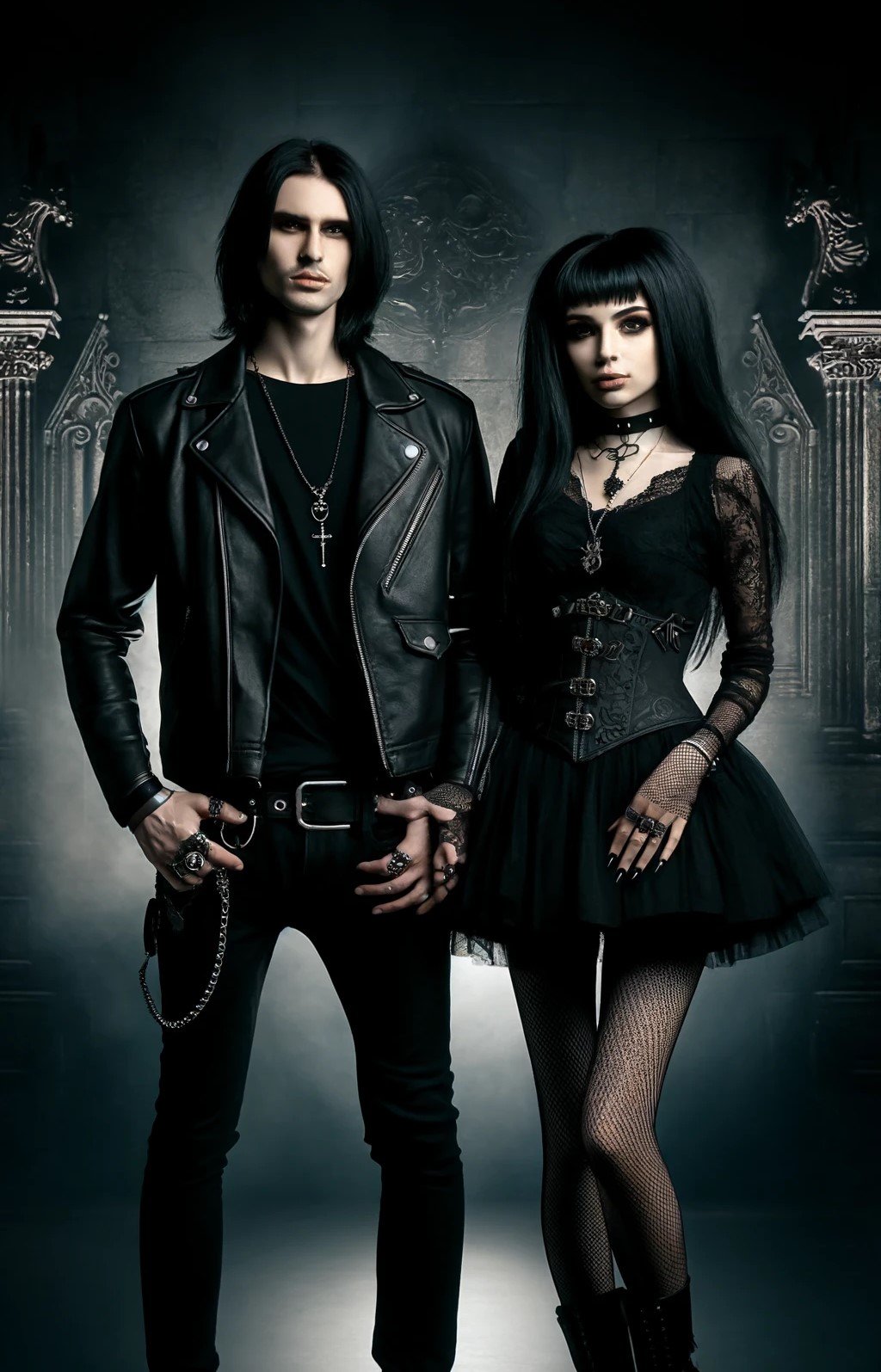 Gothic couple holding hands, both with long black hair, dressed in gothic fashion against a gothic architectural background. Goth and Metal Are Not Phase.