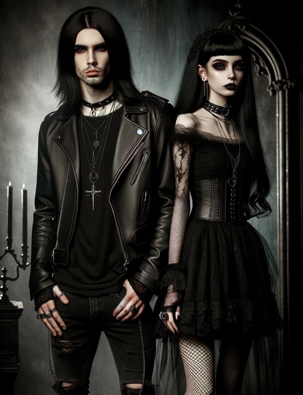 Gothic man and woman standing together, both with long black hair, dressed in typical gothic fashion. Goth and Metal Are Not Phase.