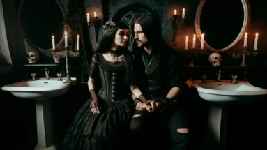 Gothic woman and black metalhead man with long black hair in a dimly lit, gothic-themed toilet setting, subtly suggesting the intimate and taboo theme of golden showers.