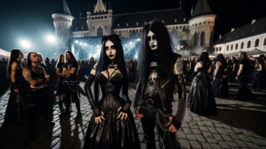 A blackmetalhead man and a gothic woman at Wave-Gotik Treffen 2024, standing in a festival setting at night with gothic architecture in the background.